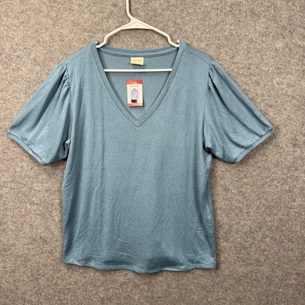 MOD REF Womens XL Dusty Blue V-Neck Pleated Puff Short Sleeve Knit Top NWT